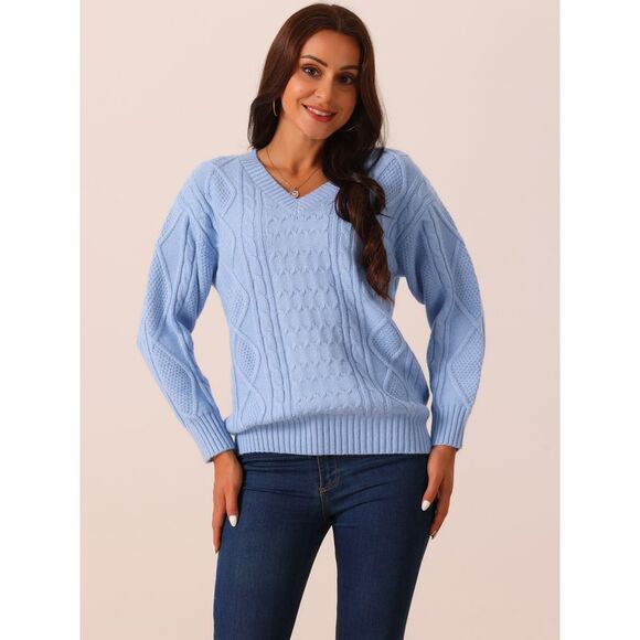 V Neck Long Sleeve Casual Loose Chunky Warm Pullover Sweater Top Blue - Picture 3 of 5